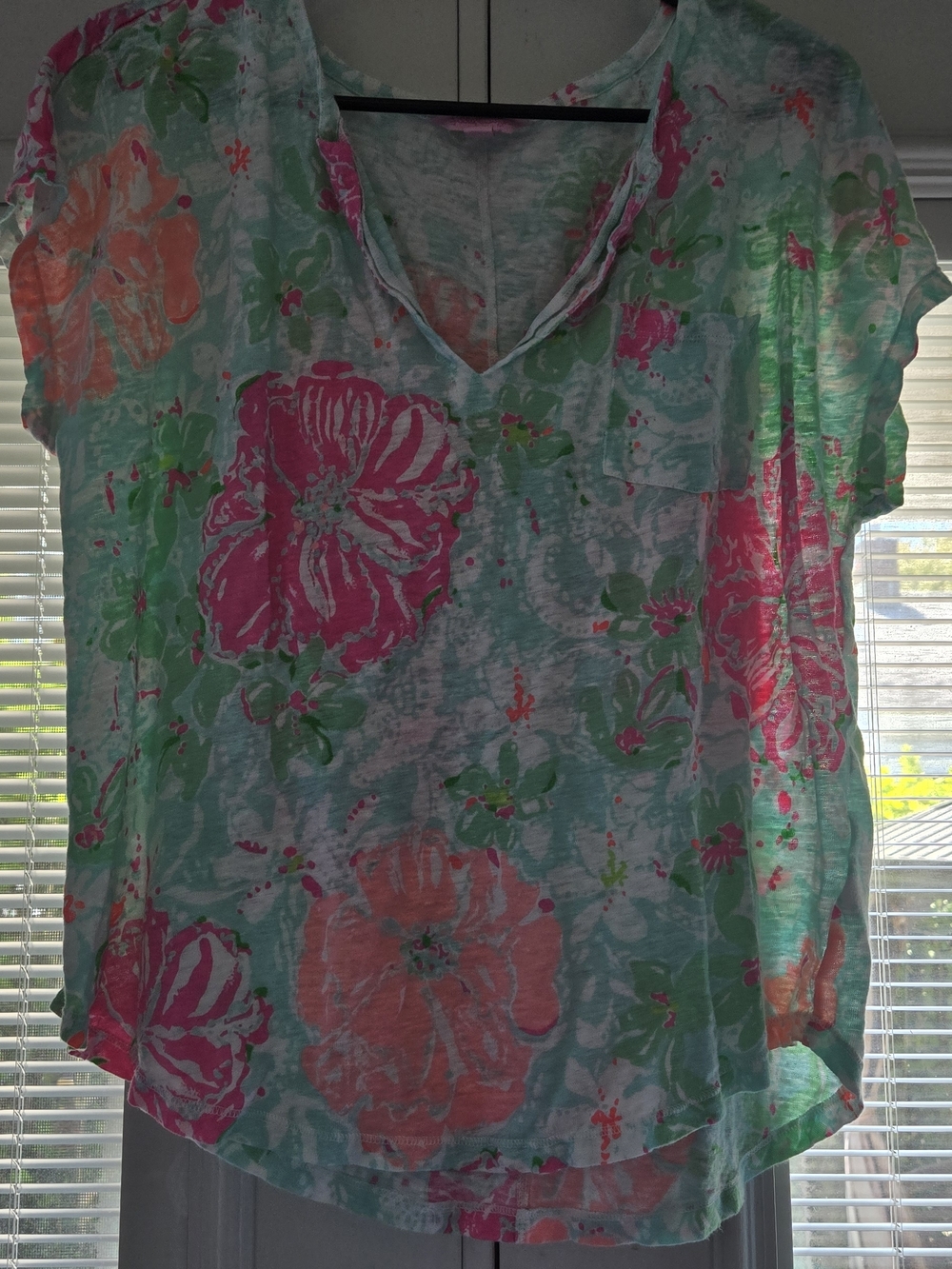 Lilly Pulitzer Linen Mint Floral V-Neck Top with Pink & Coral Blooms